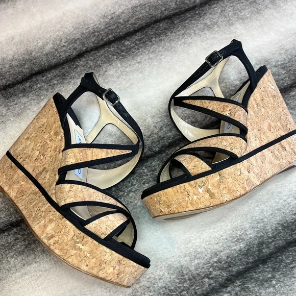 Jimmy Choo Alissa 120 Natural Black Cork Grossgrain Wedges - Picture 2 of 10